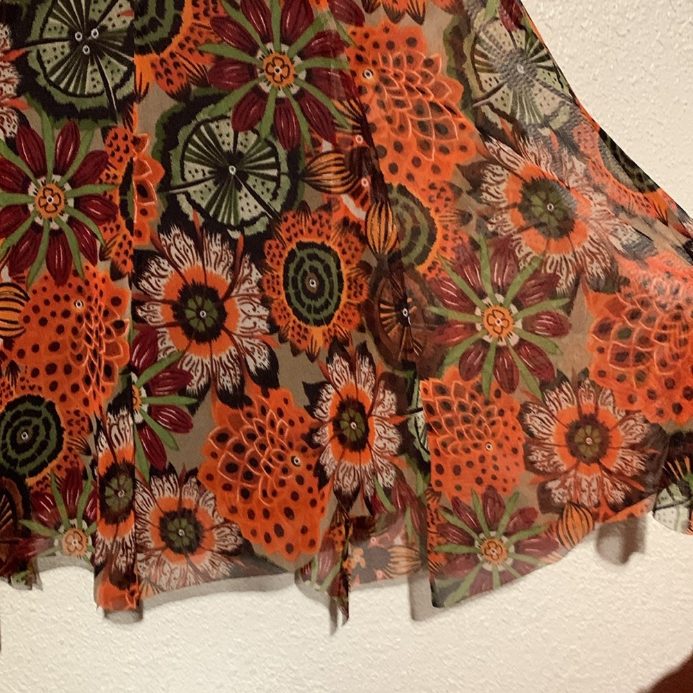 Tribal Skirt S Brown Red Orange Green Floral Mesh Like Shell Pull On Stretchy - Picture 9 of 16